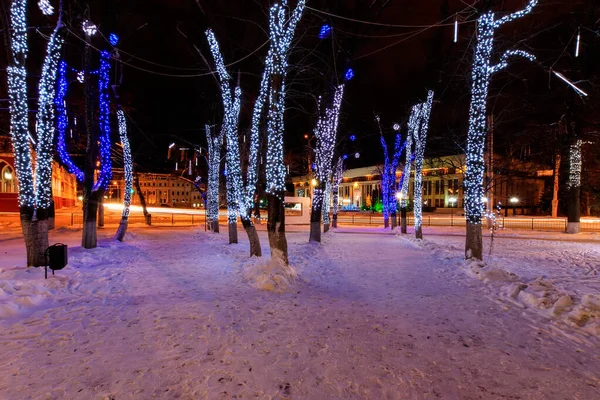 Night park in winter with fallen snow. — Stock Photo, Image