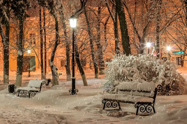 Bench in the winter park at night. — Stock Photo, Image