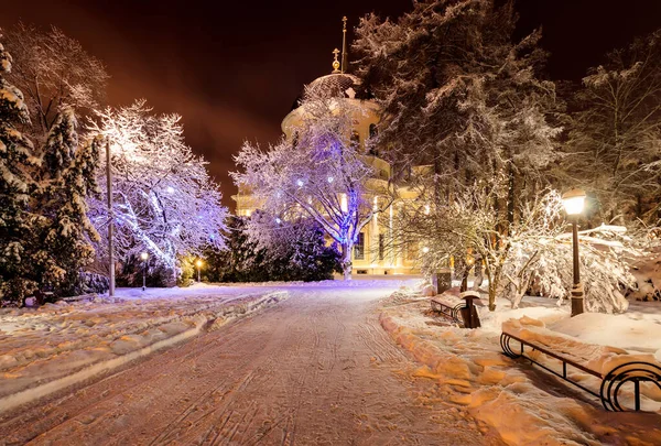 Wandeling van de stad 's nachts in de winter. — Stockfoto