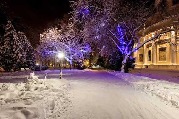 Caminhada da cidade à noite no inverno . — Fotografia de Stock