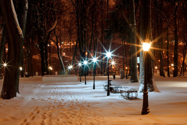 Winter park at night with decorations, lights, benches and trees.