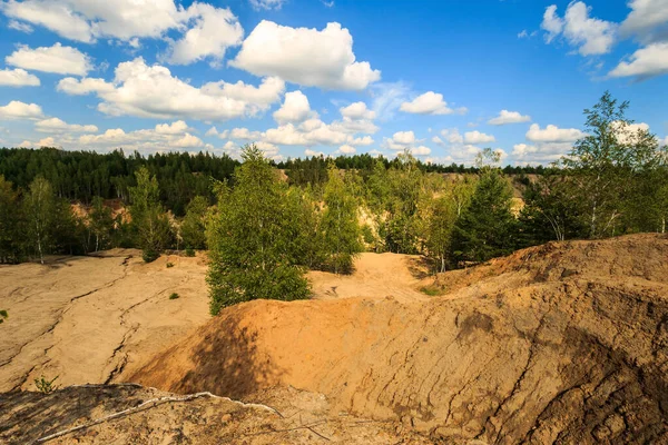 Steinbruch mit Sandstrand, Bäumen und Hügeln mit wolkenlosem Himmel — Stockfoto