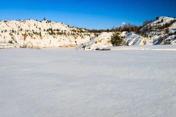 冬天被雪覆盖着松树和树木的小山. — 图库照片