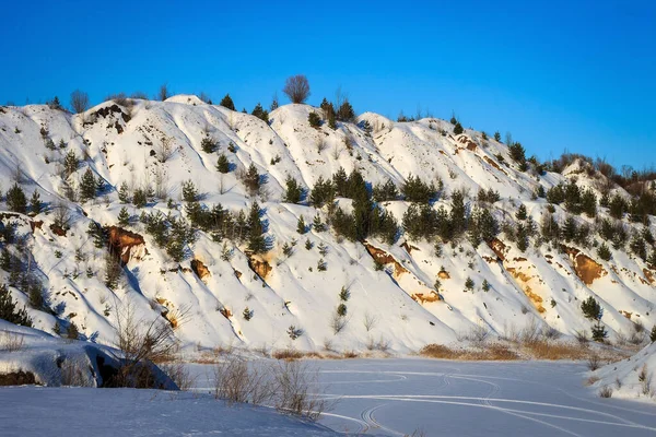 Colinas cubiertas de nieve en invierno con pinos y árboles . — Foto de Stock