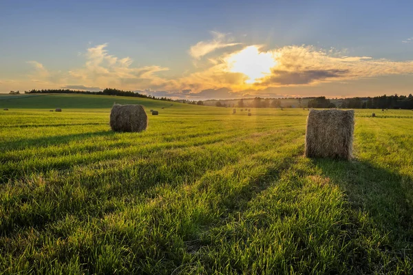 Um campo com pilhas em um pôr do sol . — Fotografia de Stock