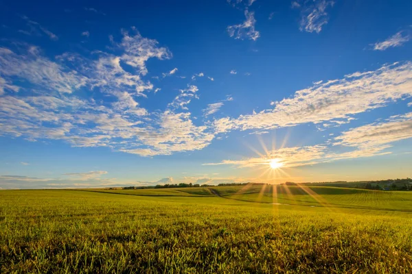 Puesta de sol en tierras cultivadas en el campo en un verano . — Foto de Stock