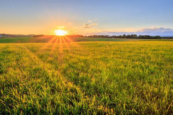 Coucher de soleil sur des terres cultivées à la campagne en été . — Photo