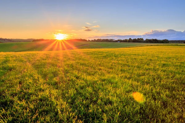 Solnedgång på odlad mark på landet en sommar. — Stockfoto