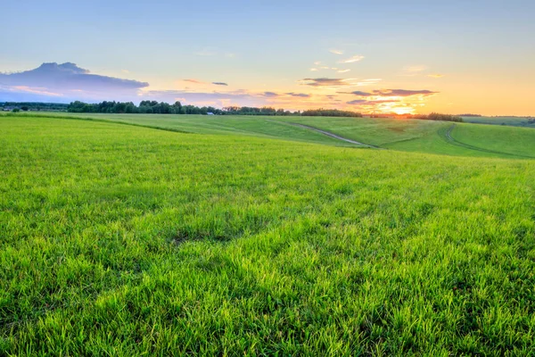 Zonsondergang op cultuurgrond op het platteland in de zomer. — Stockfoto