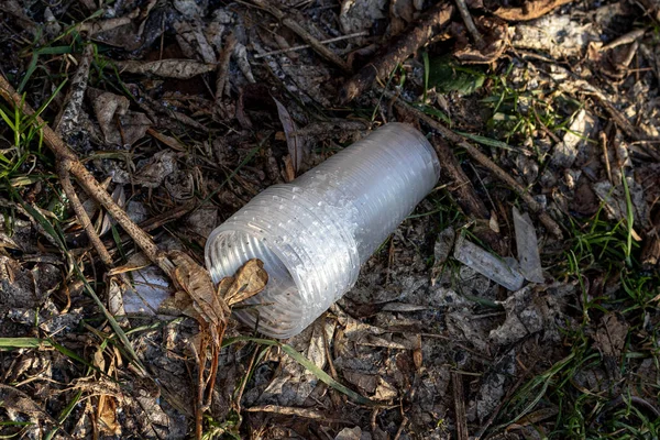 Plastikowe śmieci wyrzucane w naturze wśród trawy. Słoneczna jesień d — Zdjęcie stockowe