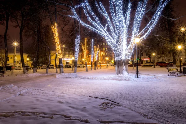 Winterpark 's nachts met kerstversiering, verlichting, banken — Stockfoto
