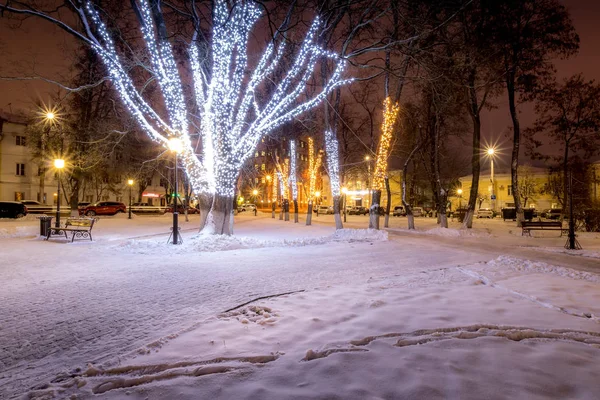 Winterpark 's nachts met kerstversiering, verlichting, banken — Stockfoto