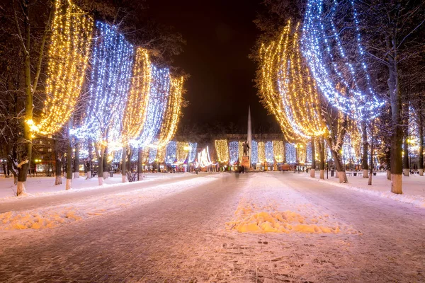 Зимовий парк вночі з різдвяними прикрасами, вогнями, лавками — стокове фото