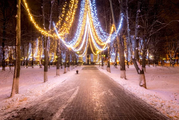 Зимний парк ночью с рождественскими украшениями, огнями, скамейками — стоковое фото