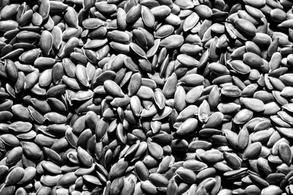 Flax seeds background. Gluten-Free and healthy vegeterian food. Grain groat texture. Black and white photo. — Stock Photo, Image