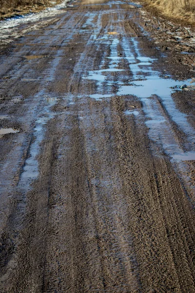 Dirty Asphalt Road Tire Tracks Spring Road — Stock Photo, Image