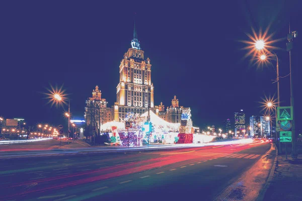 Moving Car Blur Light City Night Moscow River Embankment Illuminated — Stock Photo, Image
