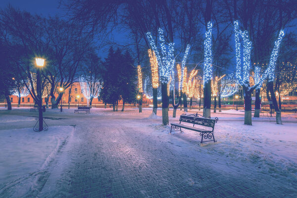 Winter park at night with christmas decorations, lights, bench on a foreground, pavement and trees.