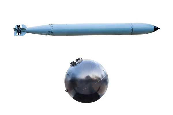 Old Torpedoes and Old Naval bomb on white background. — Stock Photo, Image