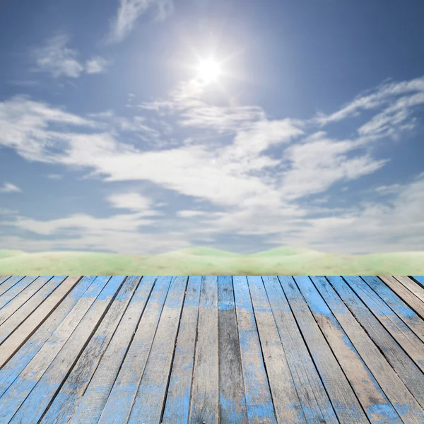 Perspective wood plank floor on sky  background for design, back Royalty Free Stock Photos