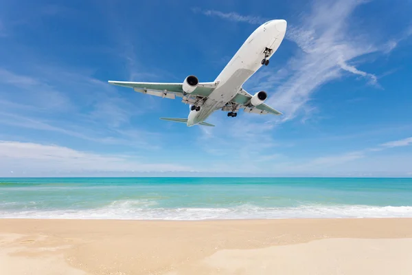 Flygplan landar ovanför vacker strand och hav bakgrund. Stockfoto