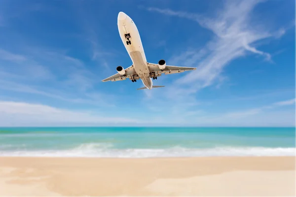 Airplane landing above beautiful beach and sea background. — Stock Photo, Image