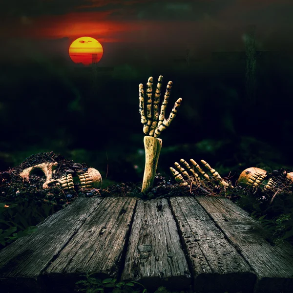 Cadılar Bayramı arka plan. Kafatası ve iskelet dolunay ile 