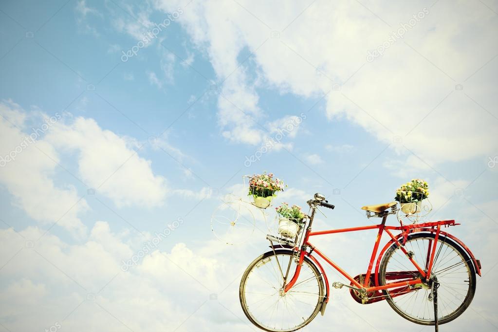 Old red bicycle with flower in basket on blue sky background,