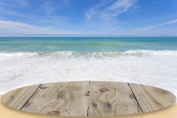 Wooden floor with beautiful blue sky scenery for background. — Stock Photo, Image