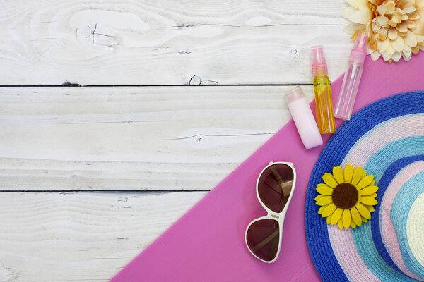 Top view of Summer holiday background, Beach accessories on white
