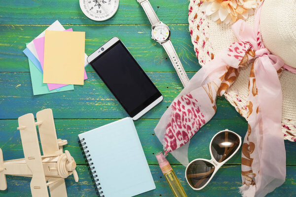 Top view of traveler 's outfits, Summer holiday background
