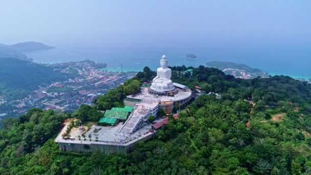 Aerial View Drone Shot Big Buddha Statue High Mountain Phuket — Stock Video