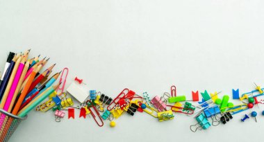 Set of colorful colored push pins Thumbtacks and pencil top view