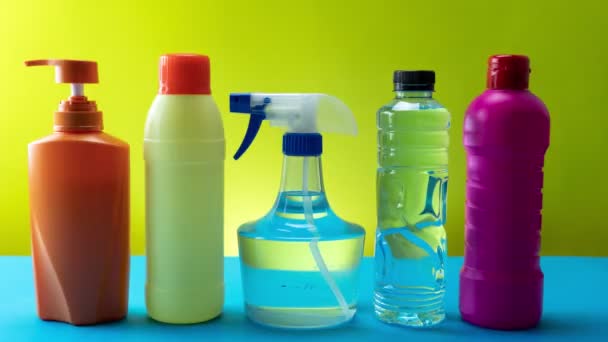 Stop Motion Animation Plastic Bottles Cleaning Products Set Blue Table — Stock Video