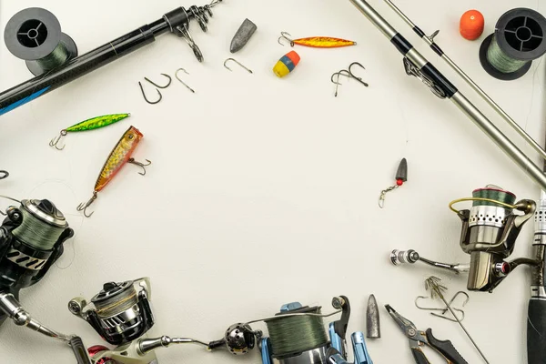 Fishing Rods Reels Fishing Tackle White Leather Background — Stock Photo, Image