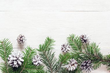 Çam dalları üzerinde beyaz bir koni ile ahşap Komiteler boyalı. İsa