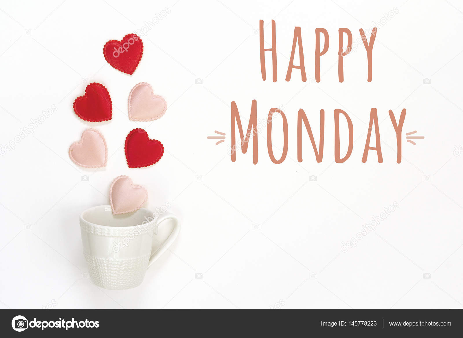 Happy Monday message and coffee cup with hearts coming out of it ...