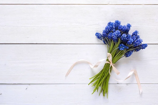 Ramillete de flores de muscaries azul sobre fondo de madera blanca. Pl —  Fotos de Stock
