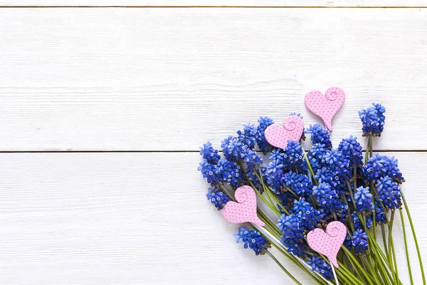 Bouquet di fiori muscaries blu con cuori decorativi su cui — Foto Stock