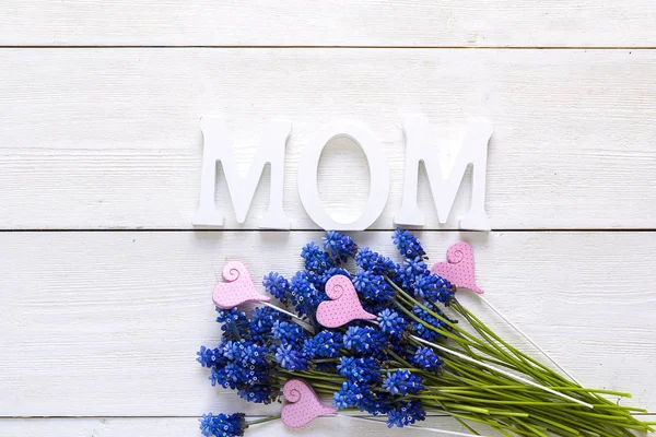 Dia das mães fundo com com flores de muscari azul em branco w — Fotografia de Stock