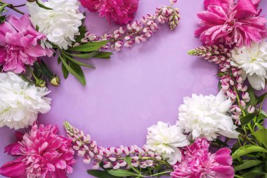 Peonies ve mor zemin üzerine lupines ile çerçeve çiçek 