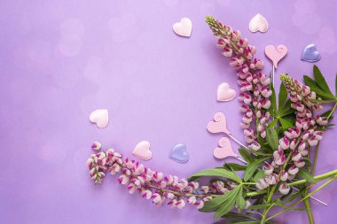Pembe lupines ve dekoratif kalpler Menekşe backgro sınırı