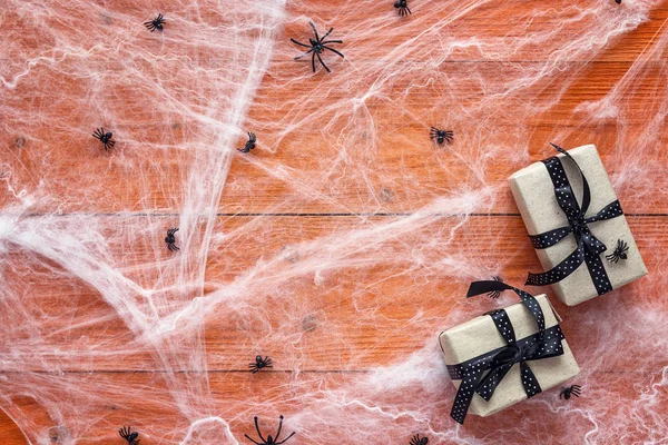 Halloween background with decorative creepy web, spiders and gif Royalty Free Stock Photos