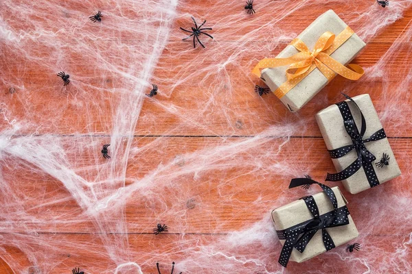 Halloween background with decorative creepy web, spiders and gif