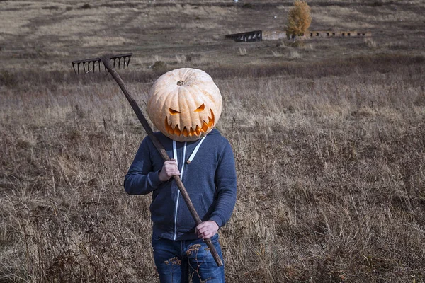 Modern Jack-lantern with a pumpkin on his head standing in the field. — Stock Photo, Image