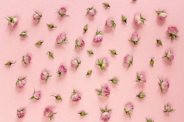 Pembe bir arka plan üzerinde küçük gül deseni. Düz yatıyordu, en iyi görünümü. 