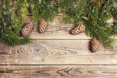 Çamın dalları ve sedir kozalakları rustik üzerinde Noel çerçeve yaptı 