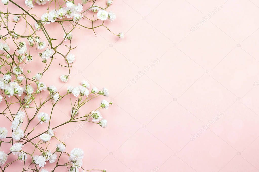 Border of delicate little white flowers on pink background from 