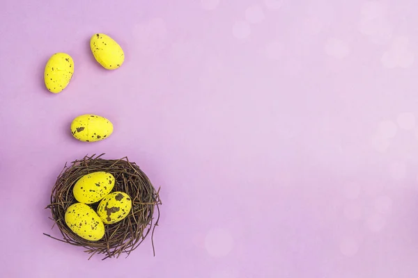 Malé žluté vejce v hnízdě na fialovém pozadí. Kopírovat prostor. — Stock fotografie