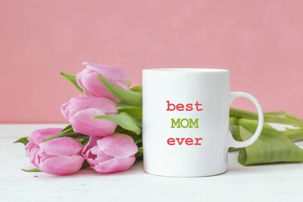 White coffee mug with Mothers Day greeting message and pink tuli
